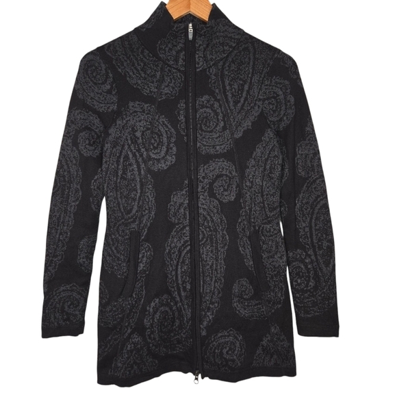 Cynthia Rowley Active Black Gray Paisley Full Double Zip Sweater Jacket Size XS - Picture 1 of 7